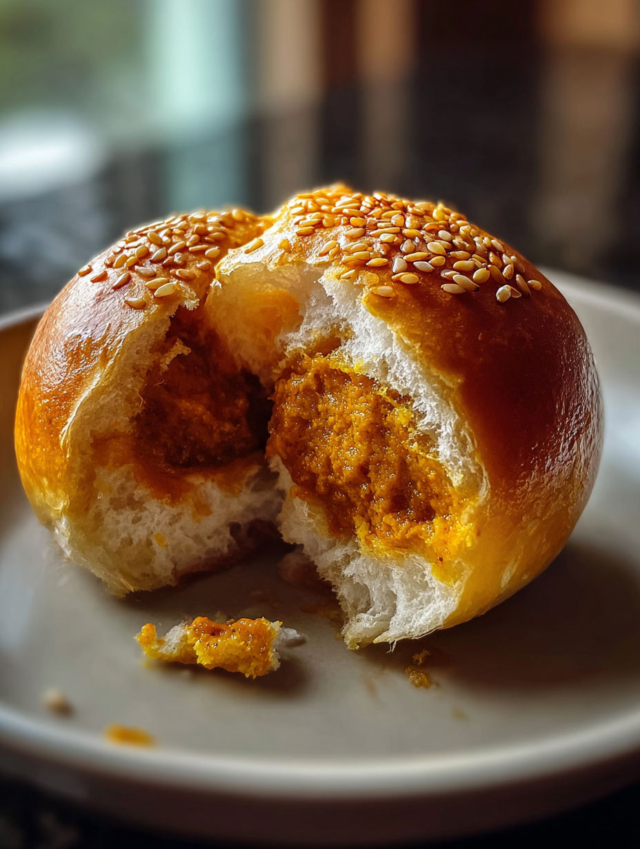 Un petit pain au curry japonais avec une bouchée prise dedans.