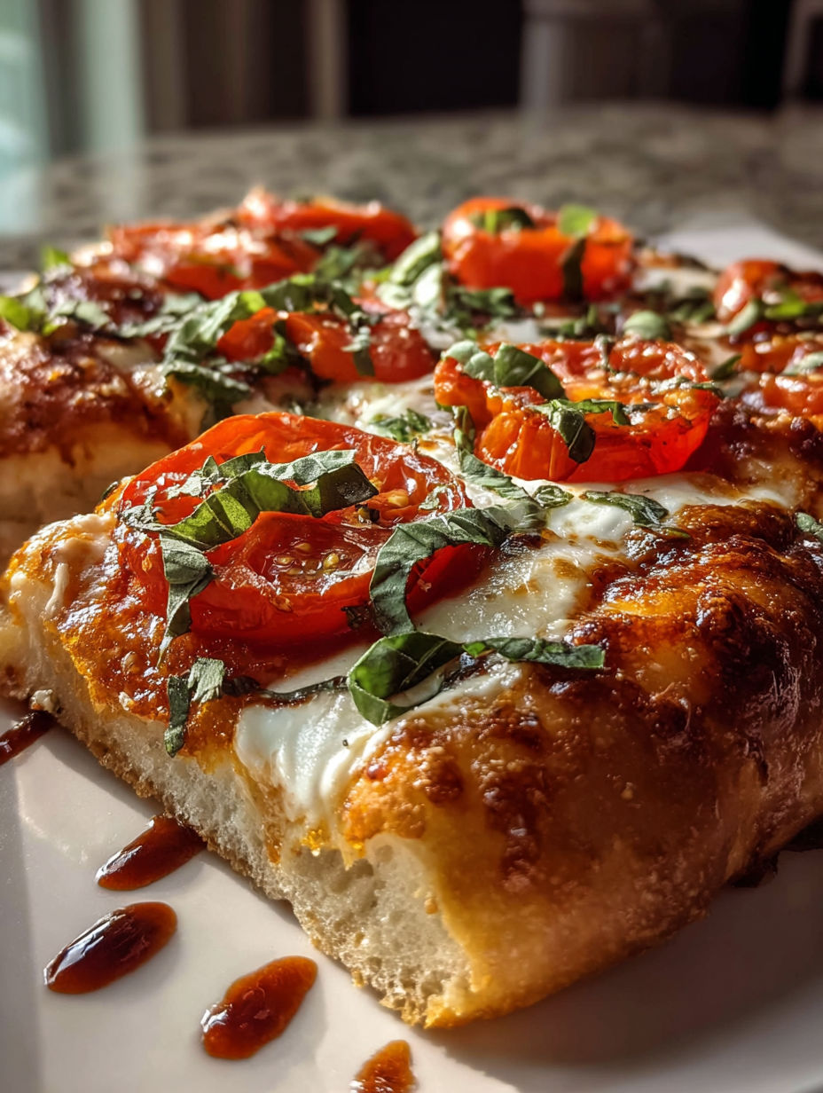 Une part de pizza Margherita avec tomates et basilic.