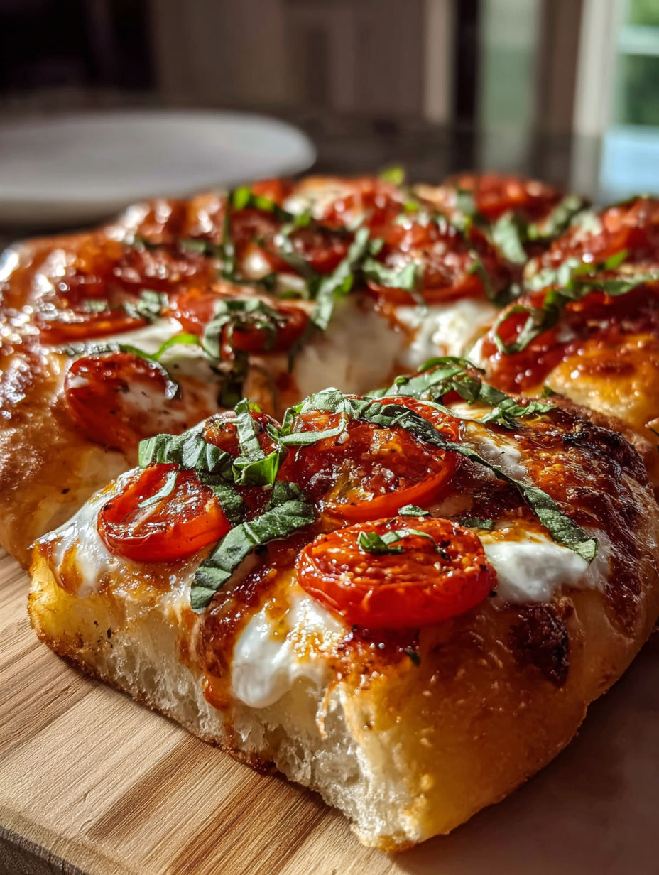 Une part de pizza Margherita avec tomates et basilic.