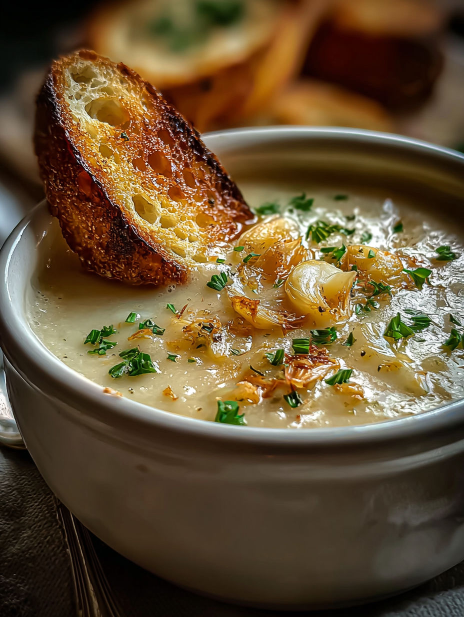 Une assiette de soupe ail campagne avec une tranche de pain dessus.