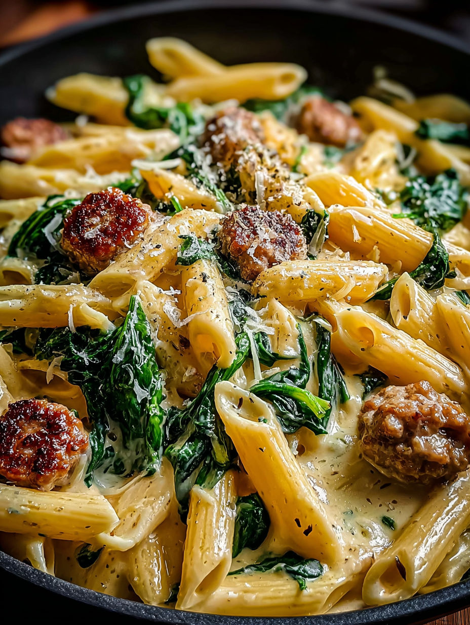 Un délicieux penne crémeux aux épinards et saucisse italienne cuit en une poêle.