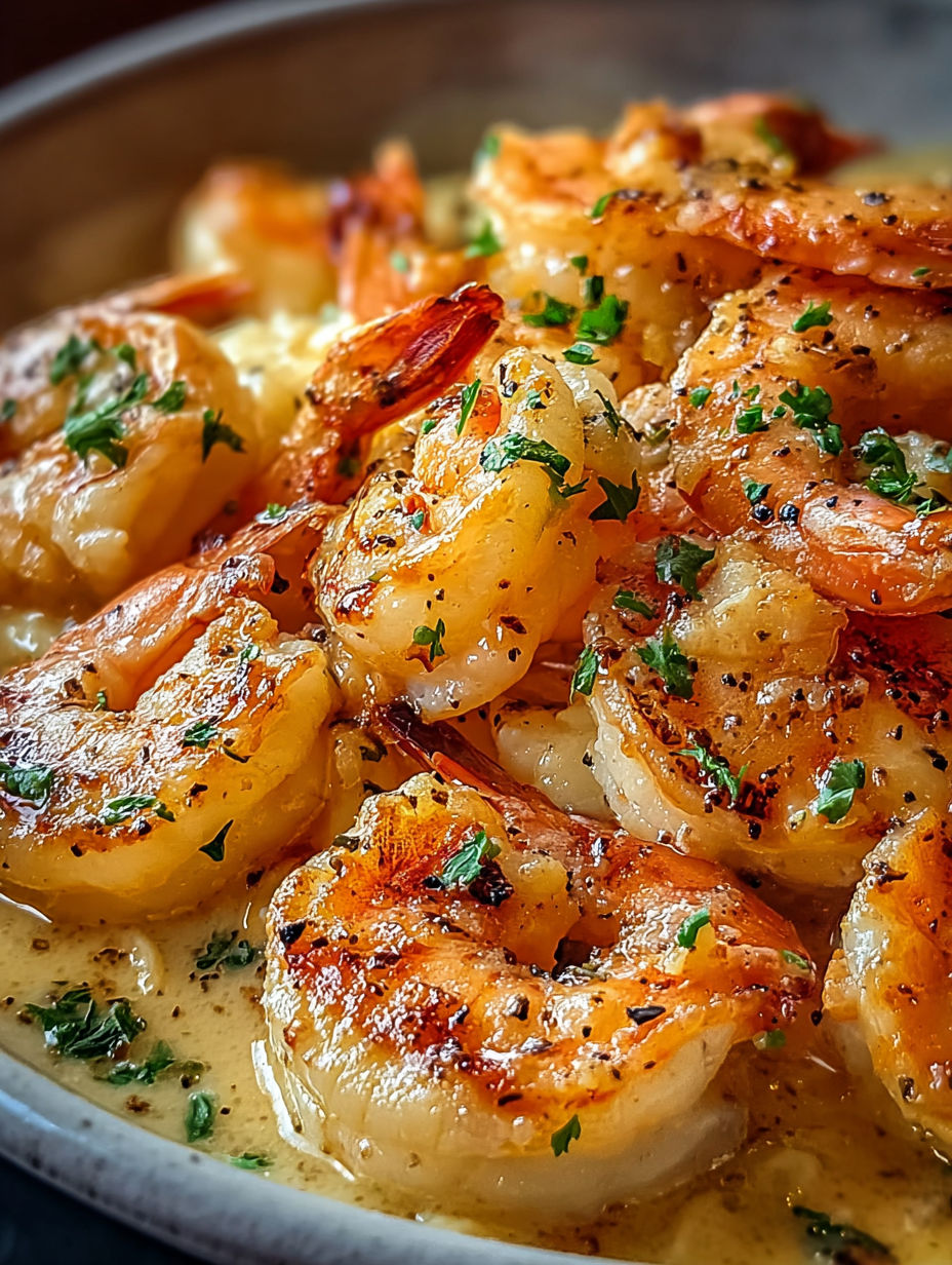 Une assiette de crevettes scampi avec sauce blanche.
