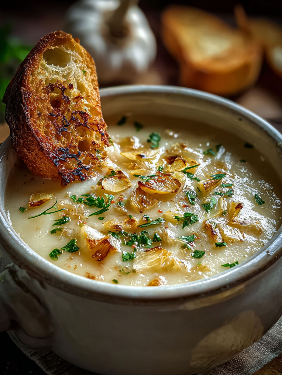 Un bol de soupe avec un morceau de pain dessus.
