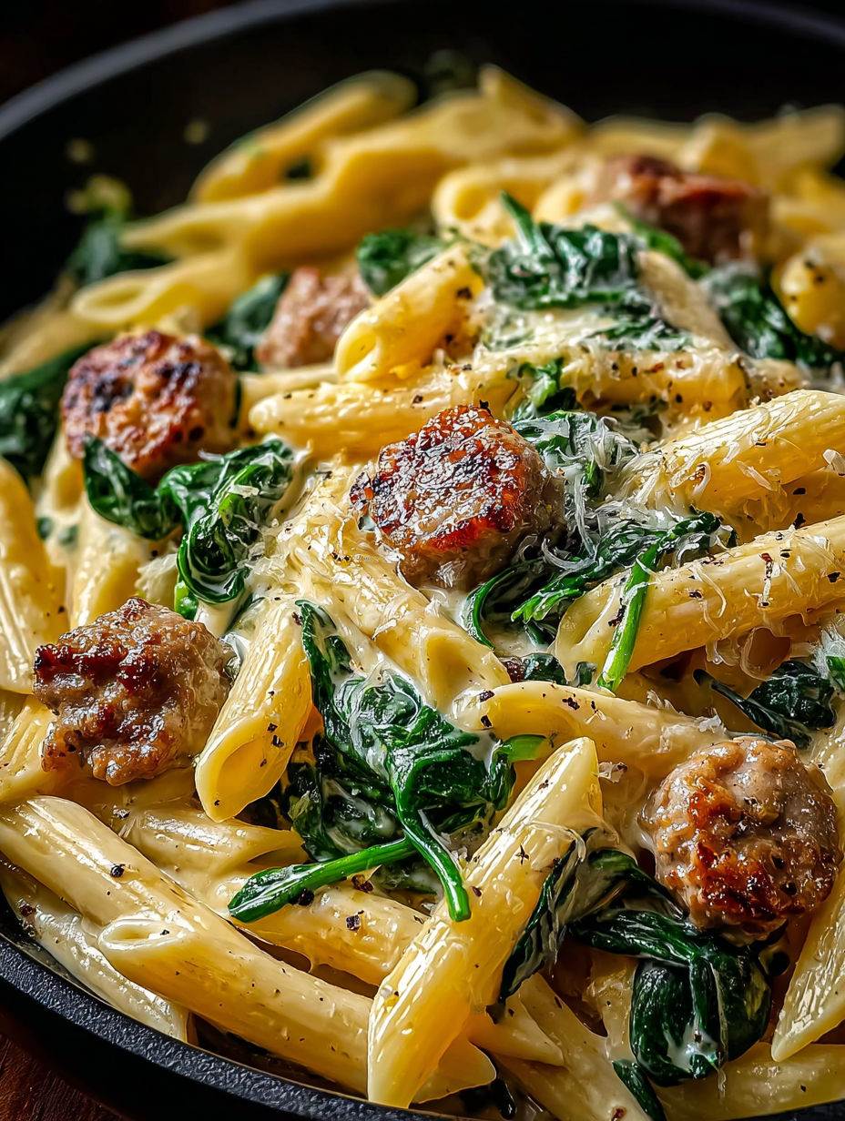 Penne crémeux en une poêle avec épinards et saucisse italienne.