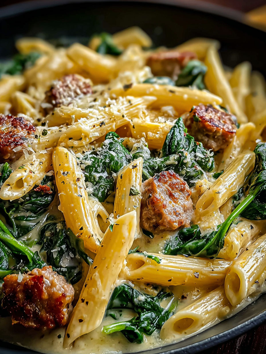 Penne crémeux en une poêle avec épinards et saucisse italienne.