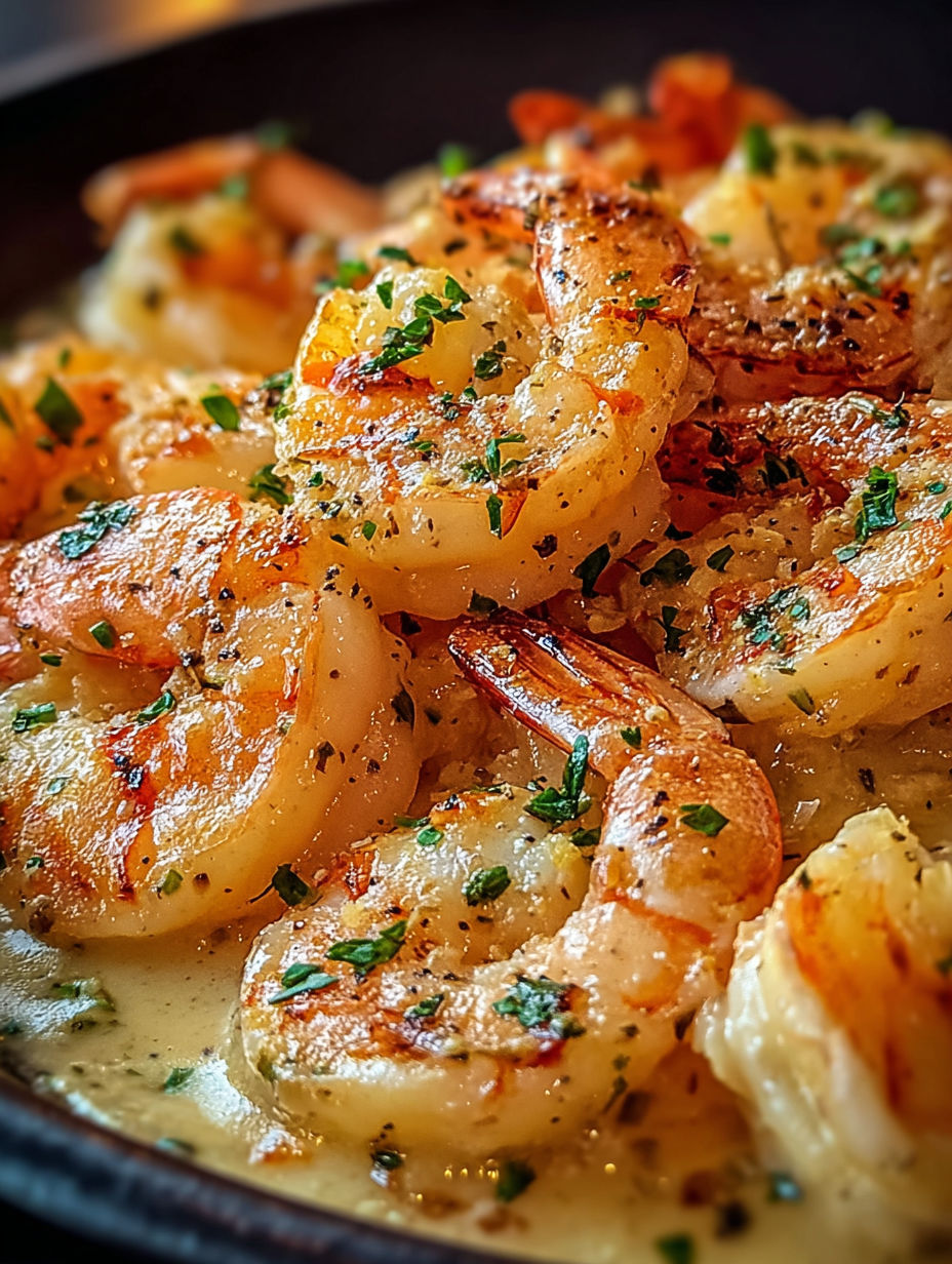 Une assiette de scampi aux crevettes avec une herbe verte dessus.