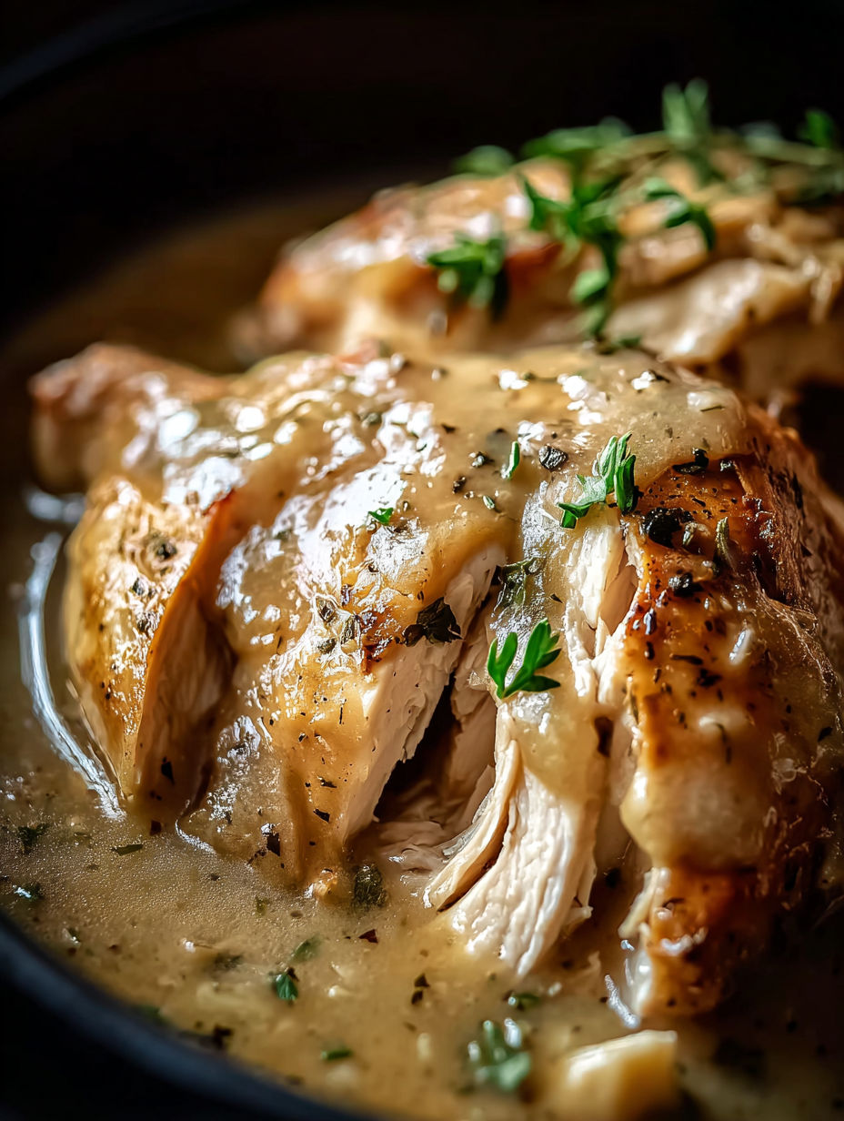 Gros plan sur un blanc de poulet dans une cocotte.