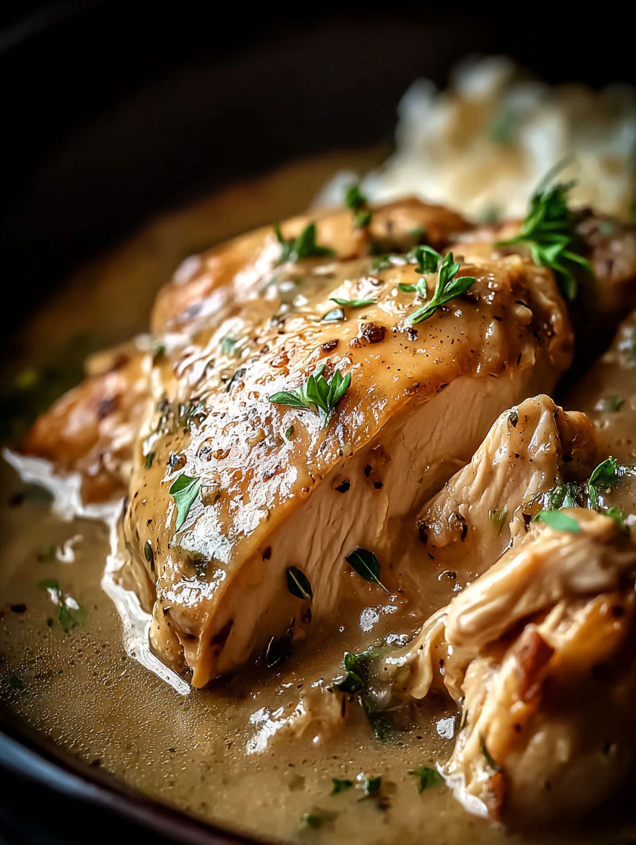 Gros plan d'un blanc de poulet dans une mijoteuse.