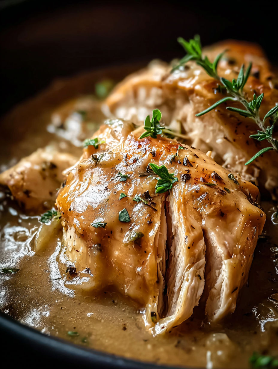Gros plan d'une mijoteuse avec du poulet et de la sauce.