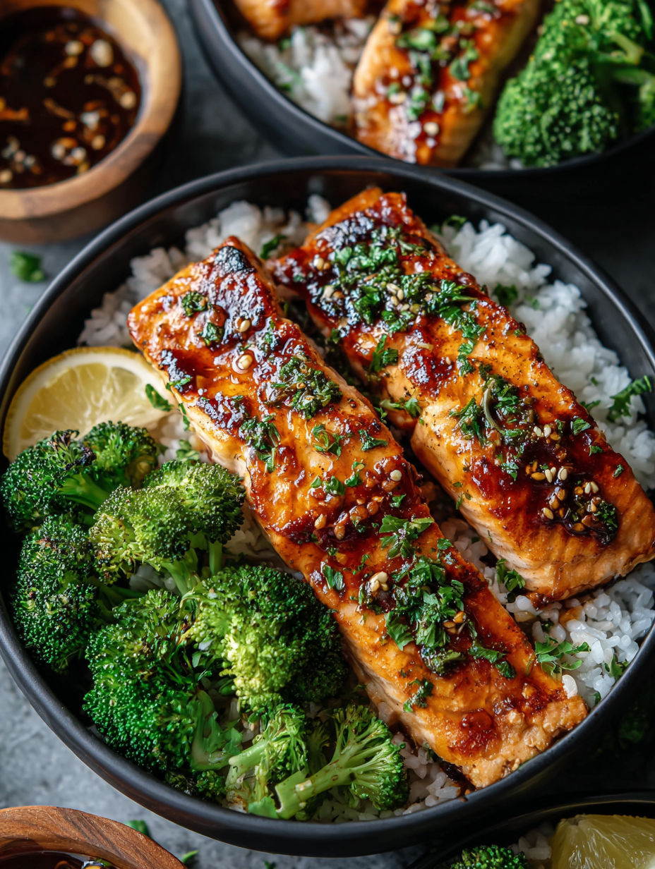Un bol avec saumon, brocoli et riz.