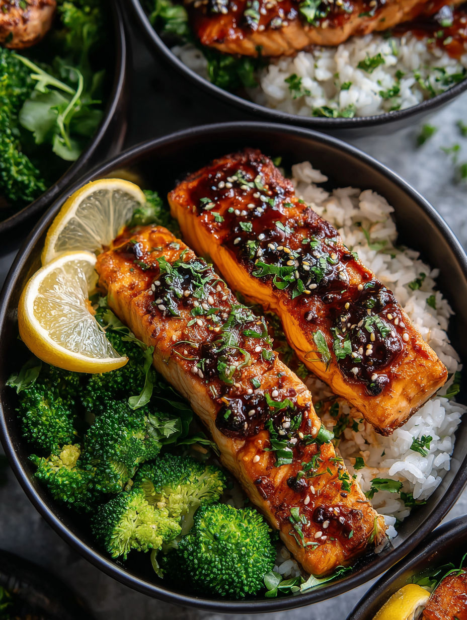 Un bol avec saumon, riz et brocoli.
