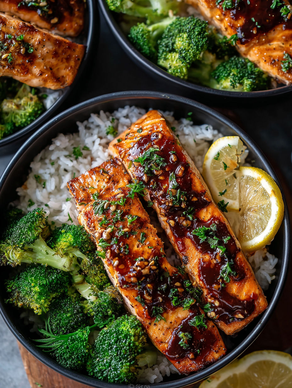 Un bol avec saumon, riz et brocoli.