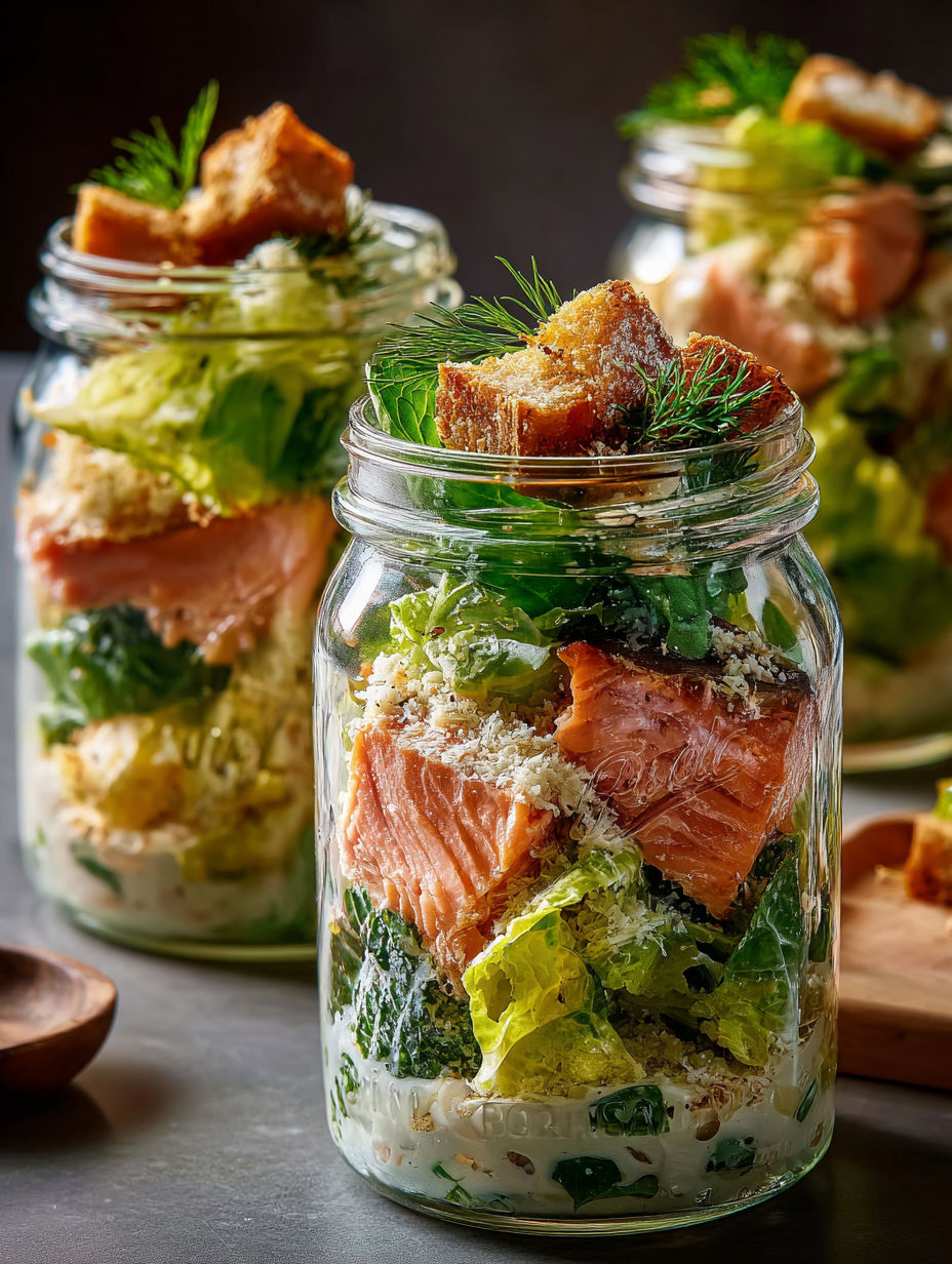 Salade Saumon Caesar en bocaux.