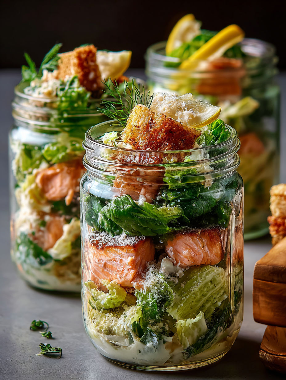 Un bocal de salade César au saumon.