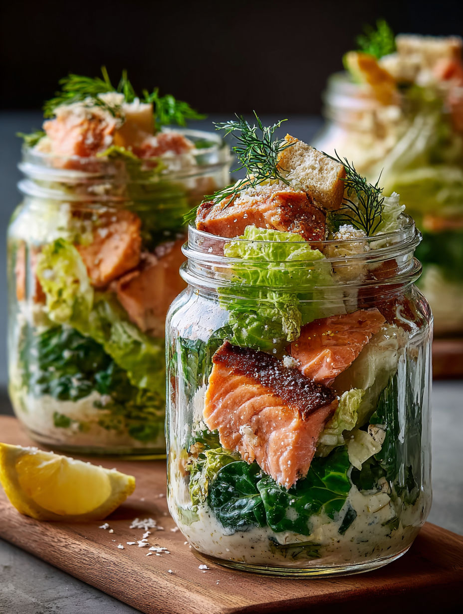 Un bocal de salade César au saumon.