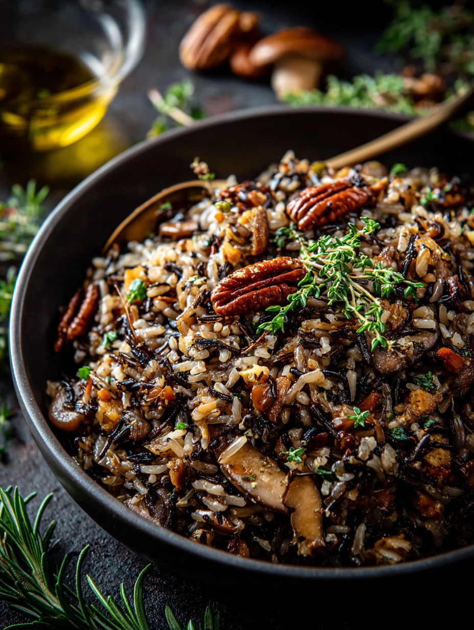 Un bol de riz avec des champignons.