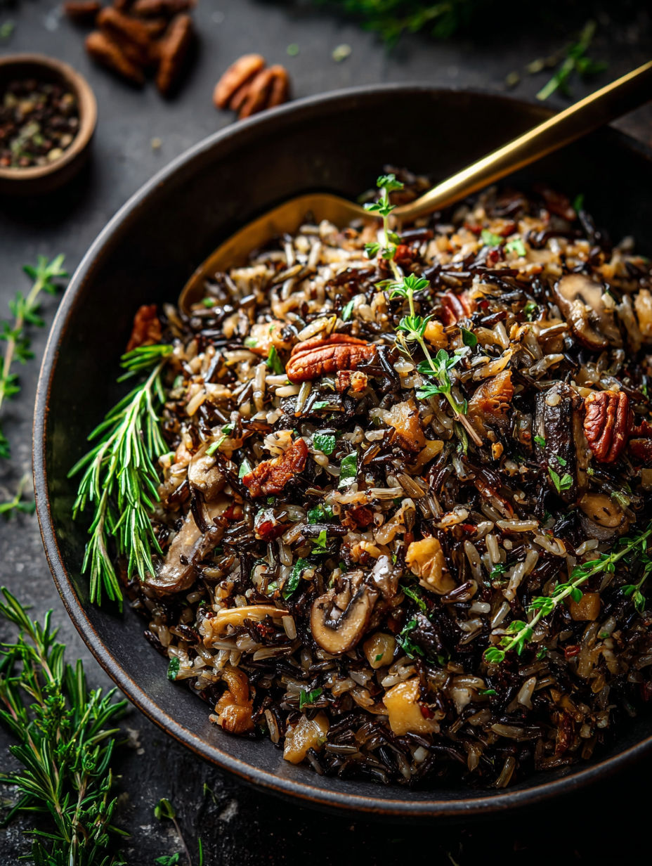 Un bol de farci au riz et champignons.
