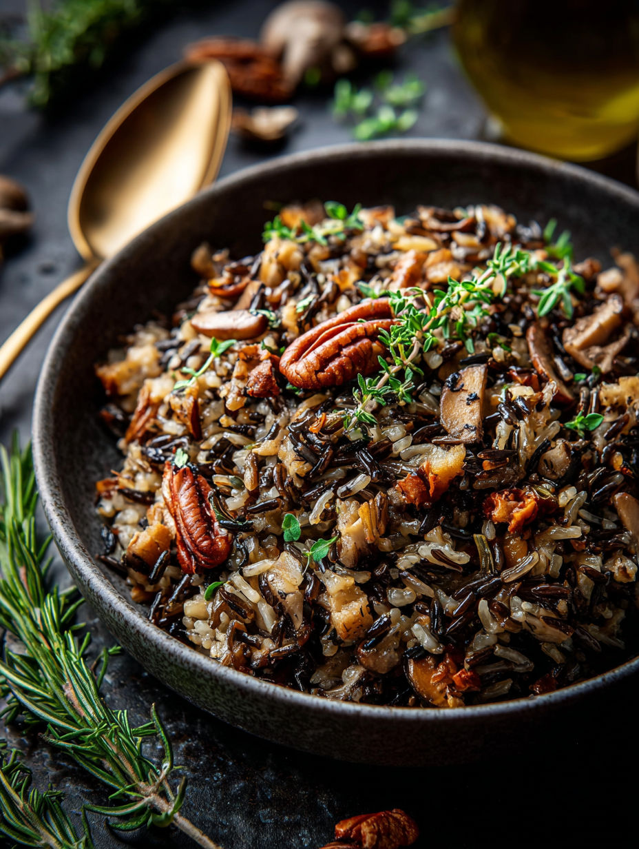 Un bol de riz et champignons.