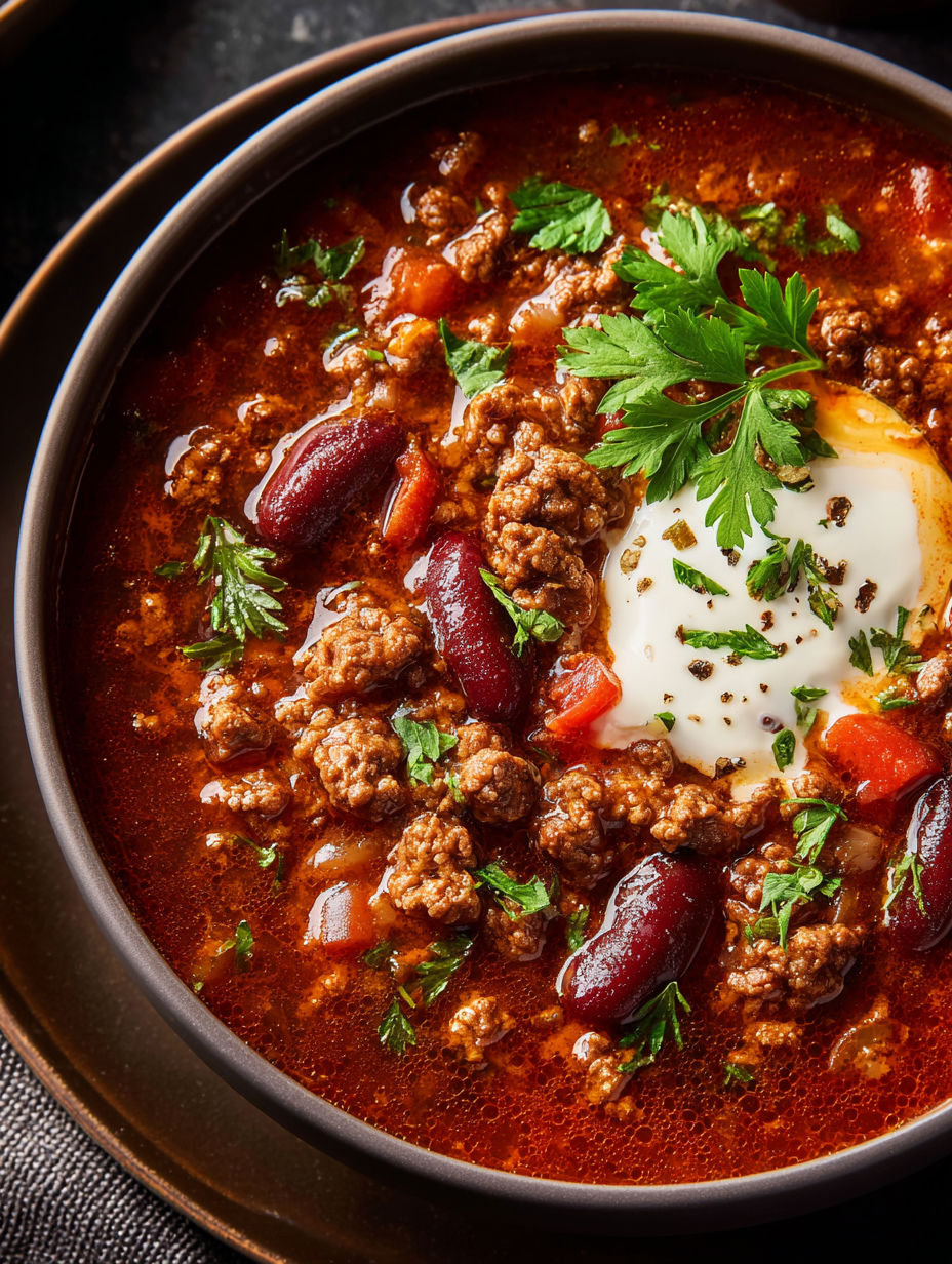 Un bol de soupe au bœuf haché façon chili.