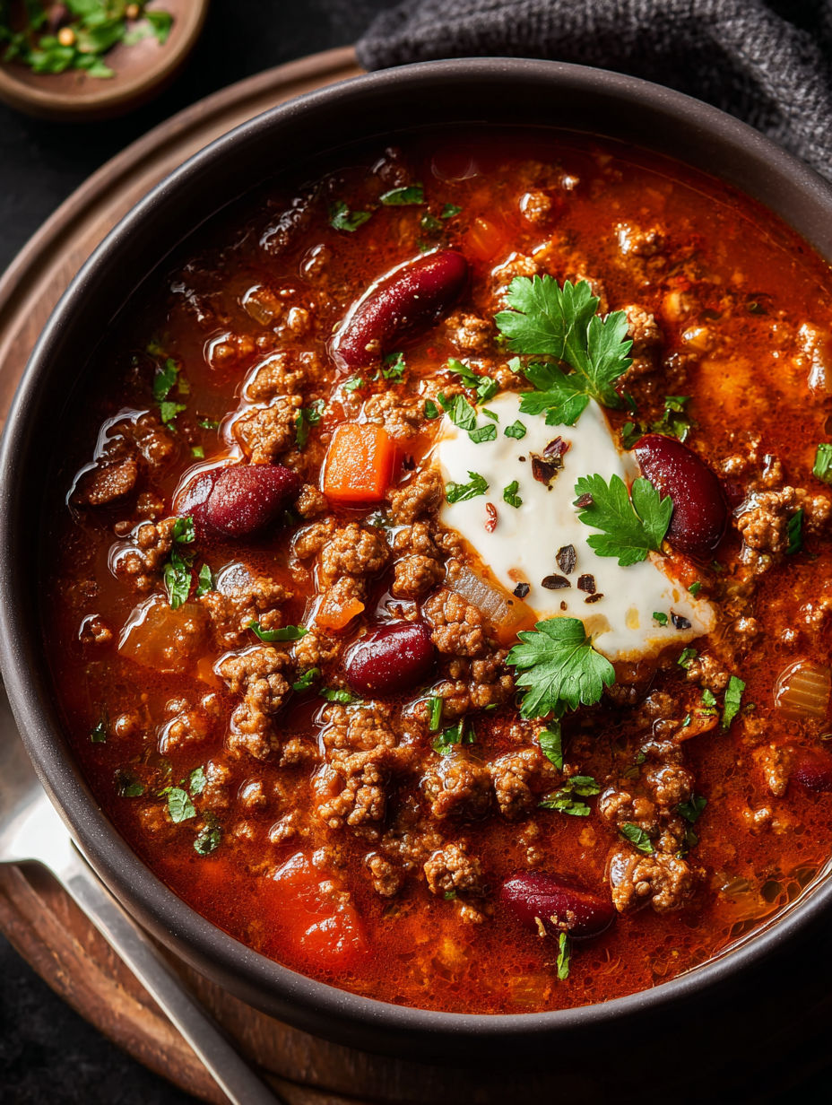Un bol de soupe au bœuf haché façon chili avec une cuillerée de crème fraîche dessus.