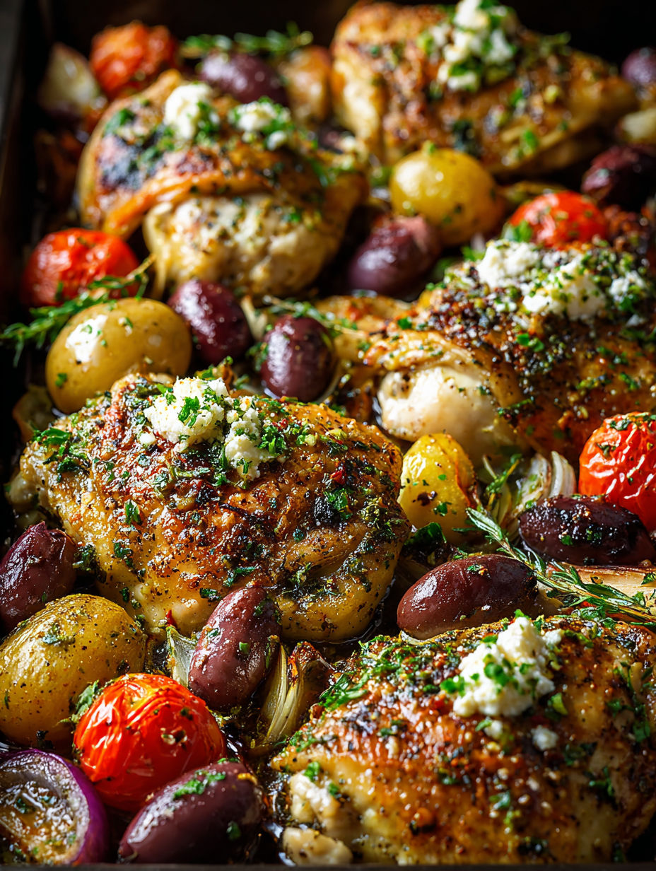 Un poulet grec au four sur plaque avec différents légumes et herbes.