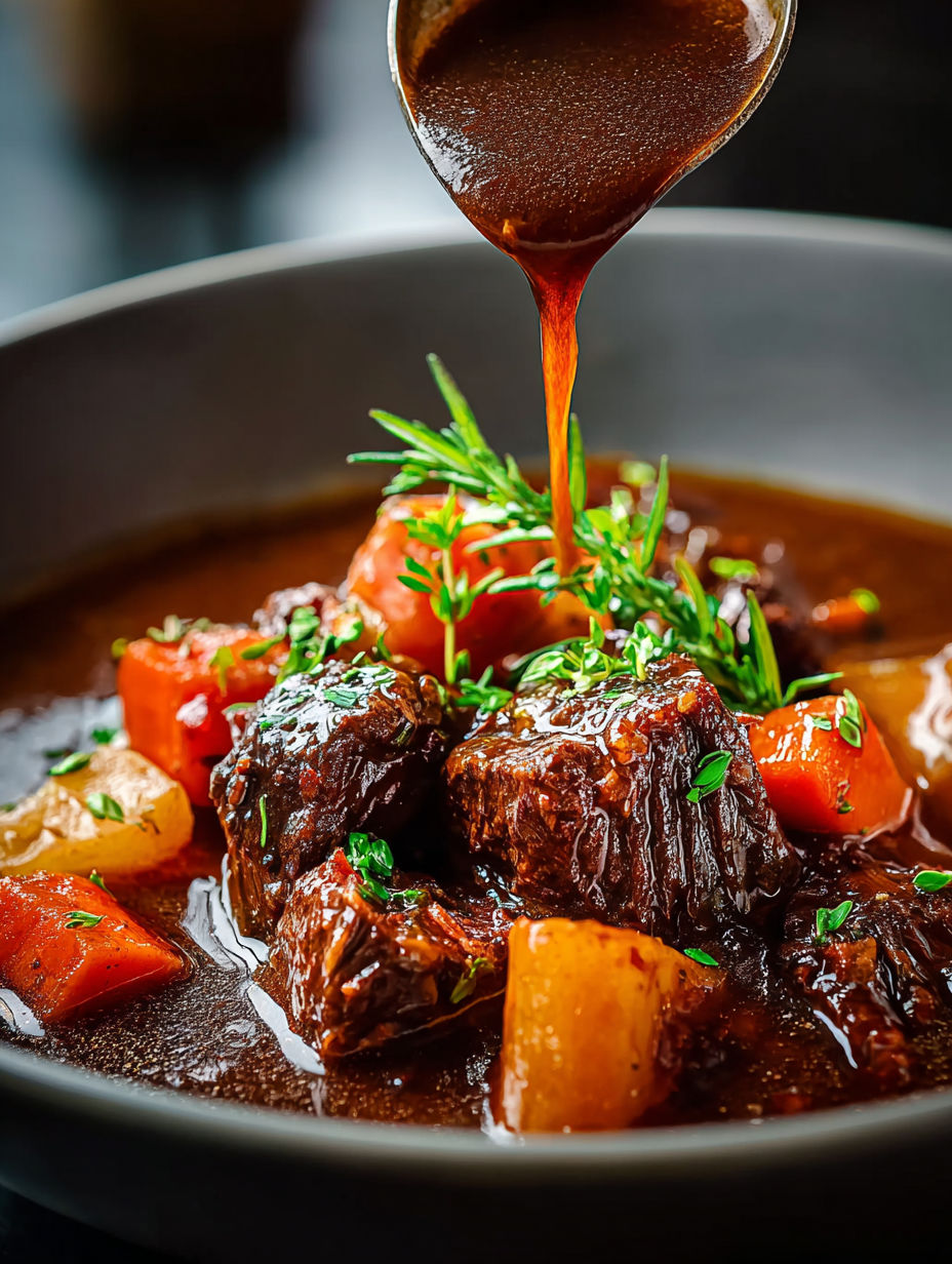 Ragoût de bœuf français avec un filet de sauce au-dessus.
