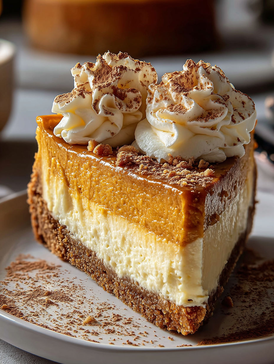 Une part de cheesecake à la citrouille avec de la chantilly dessus.