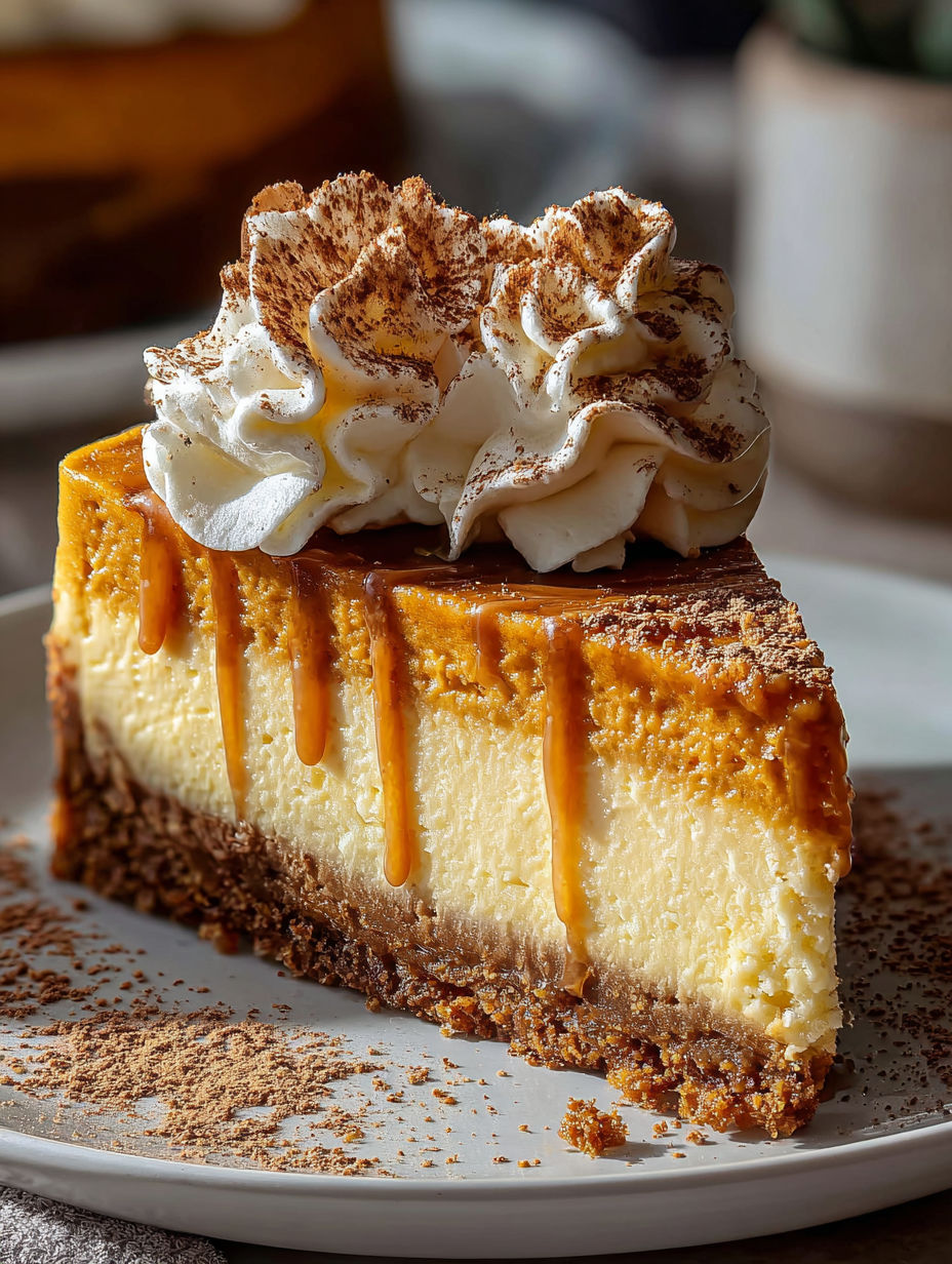 Une tranche de cheesecake à la citrouille avec de la crème fouettée dessus.