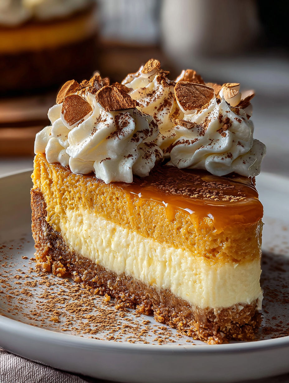 Une tranche de cheesecake à la citrouille avec de la crème fouettée dessus.