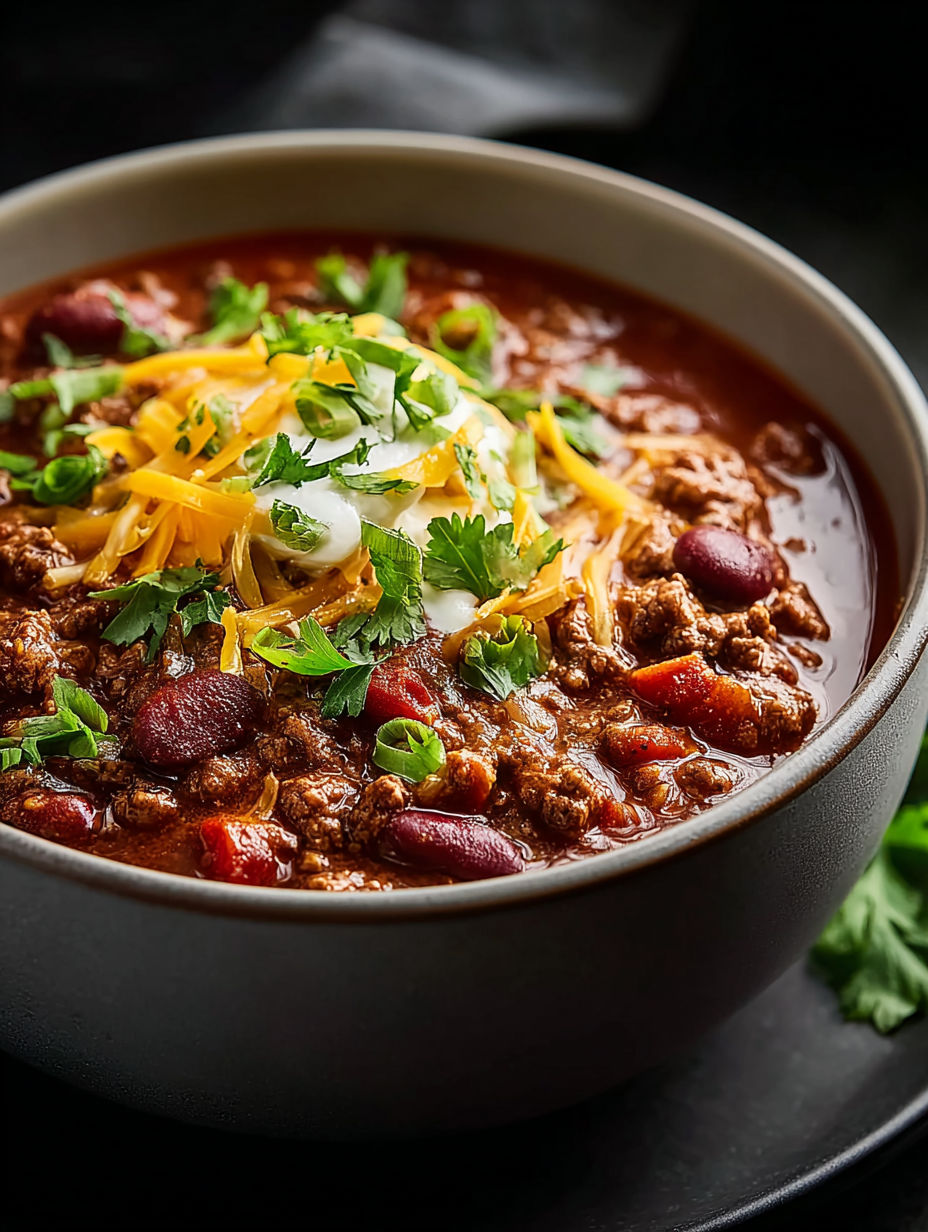 Un bol de chili avec du fromage et des ciboulettes dessus.