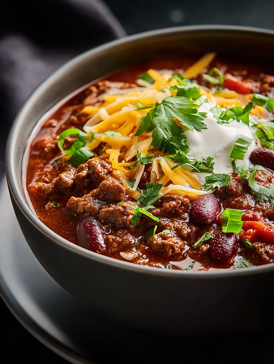 Un bol de chili garni de fromage et d’oignons blancs.