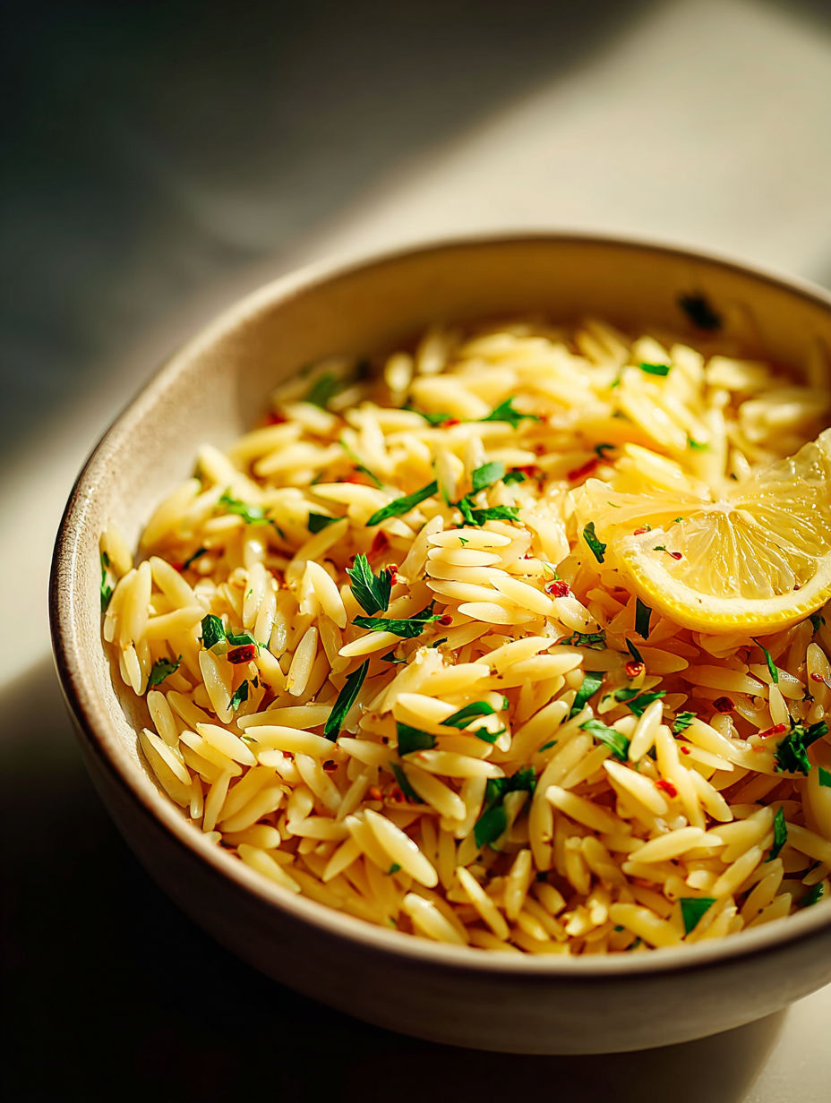 Un bol de pâtes avec un quartier de citron sur le dessus.