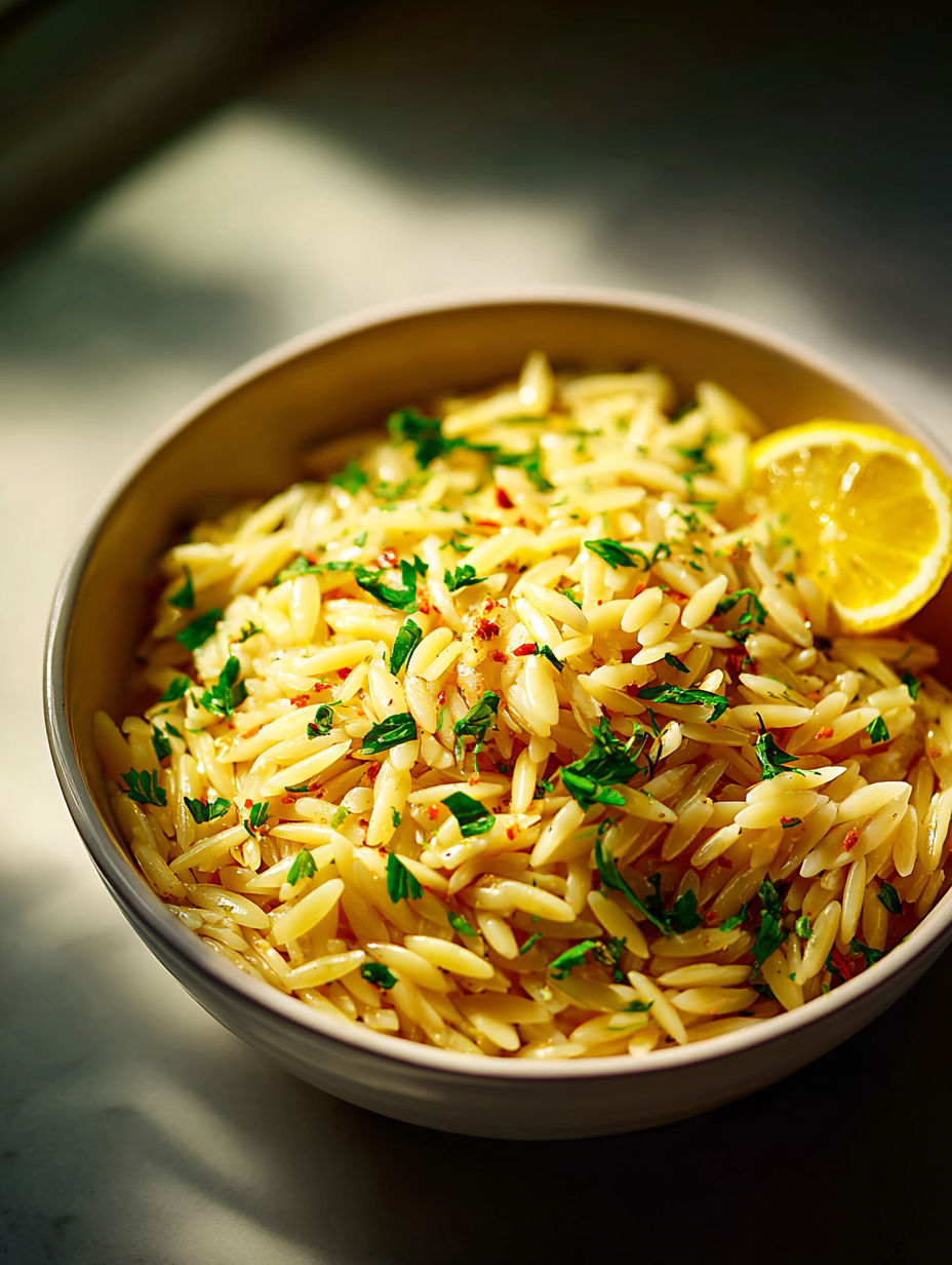 Un bol de pâtes au citron et herbes.