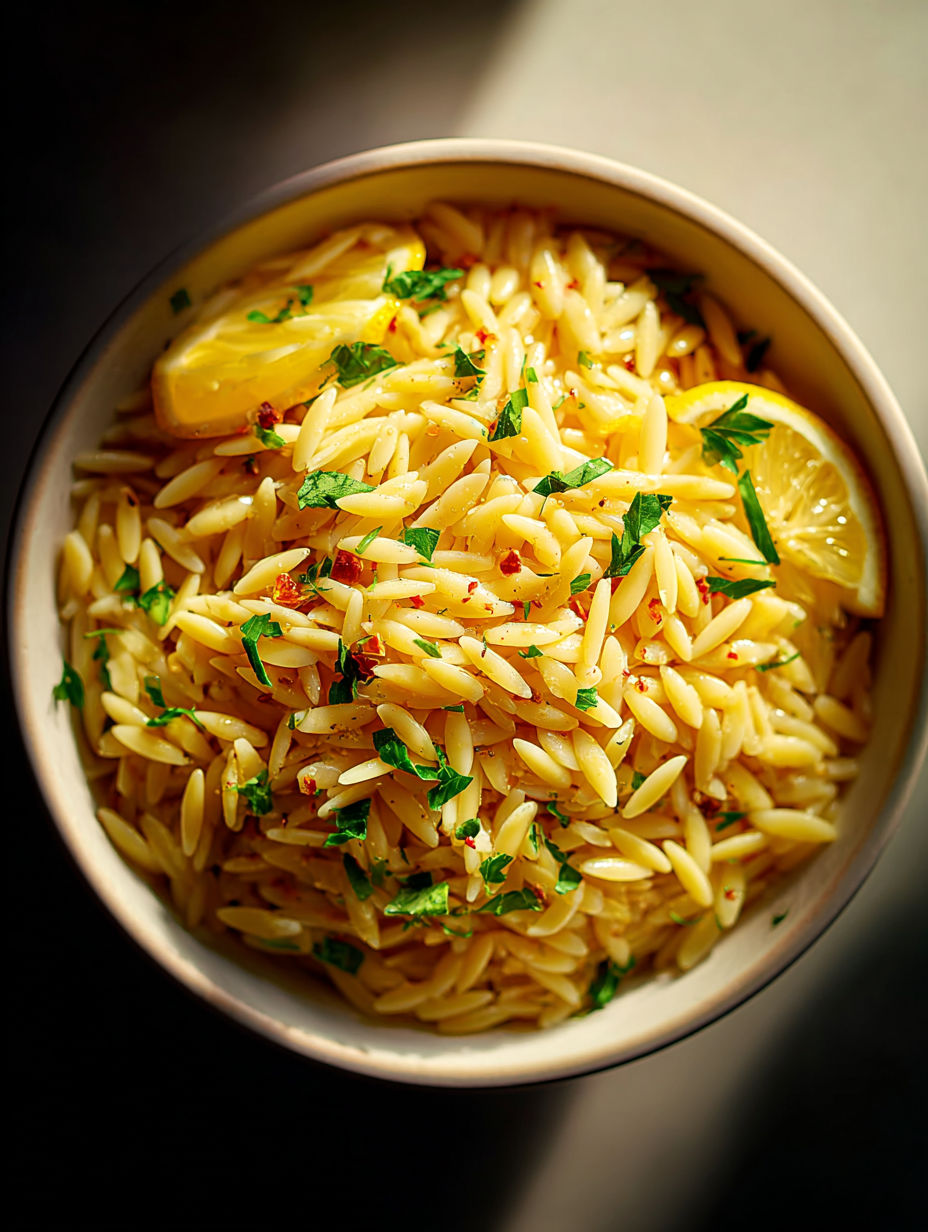 Un bol de pâtes au citron et herbes.