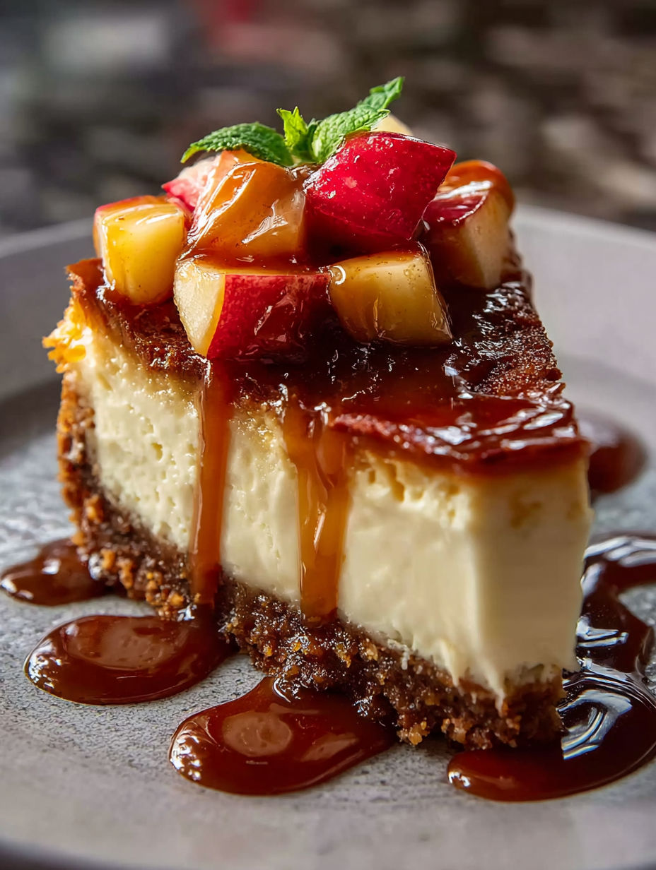 Une part de cheesecake aux pommes et caramel.