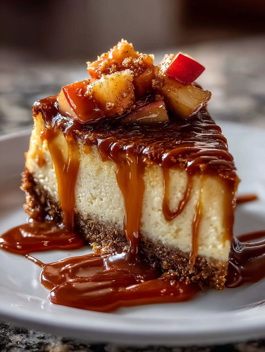 Une part de cheesecake aux pommes et caramel.