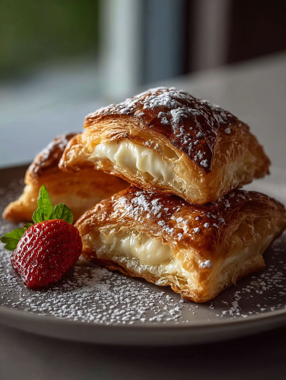 Deux pâtisseries au fromage frais saupoudrées de sucre glace sur une assiette.