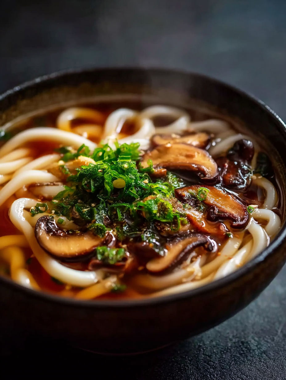Un bol de soupe avec champignons et nouilles.