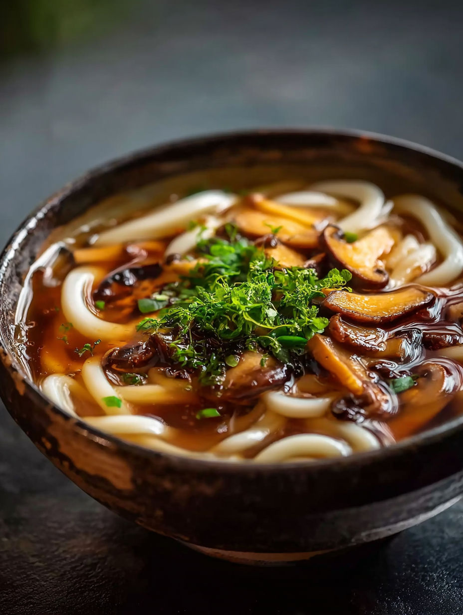 Un bol de soupe avec champignons et nouilles.