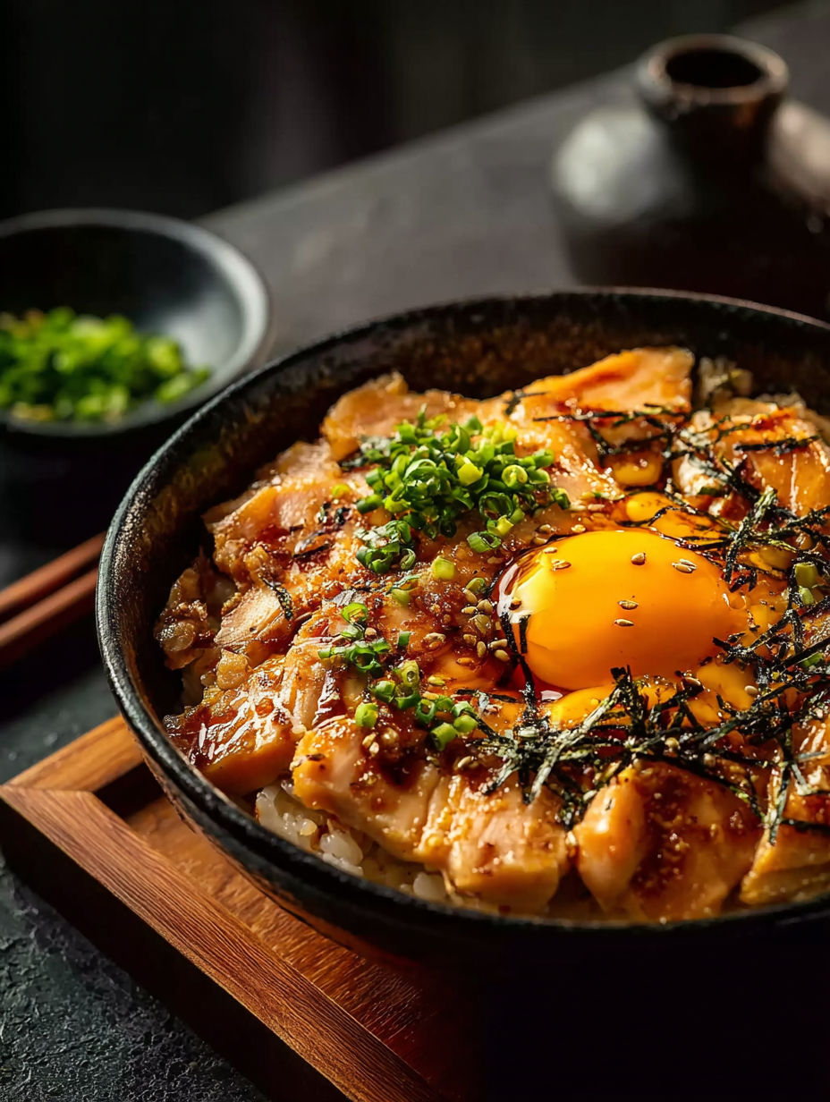 Un bol d’oyakodon avec un œuf au plat sur le dessus.