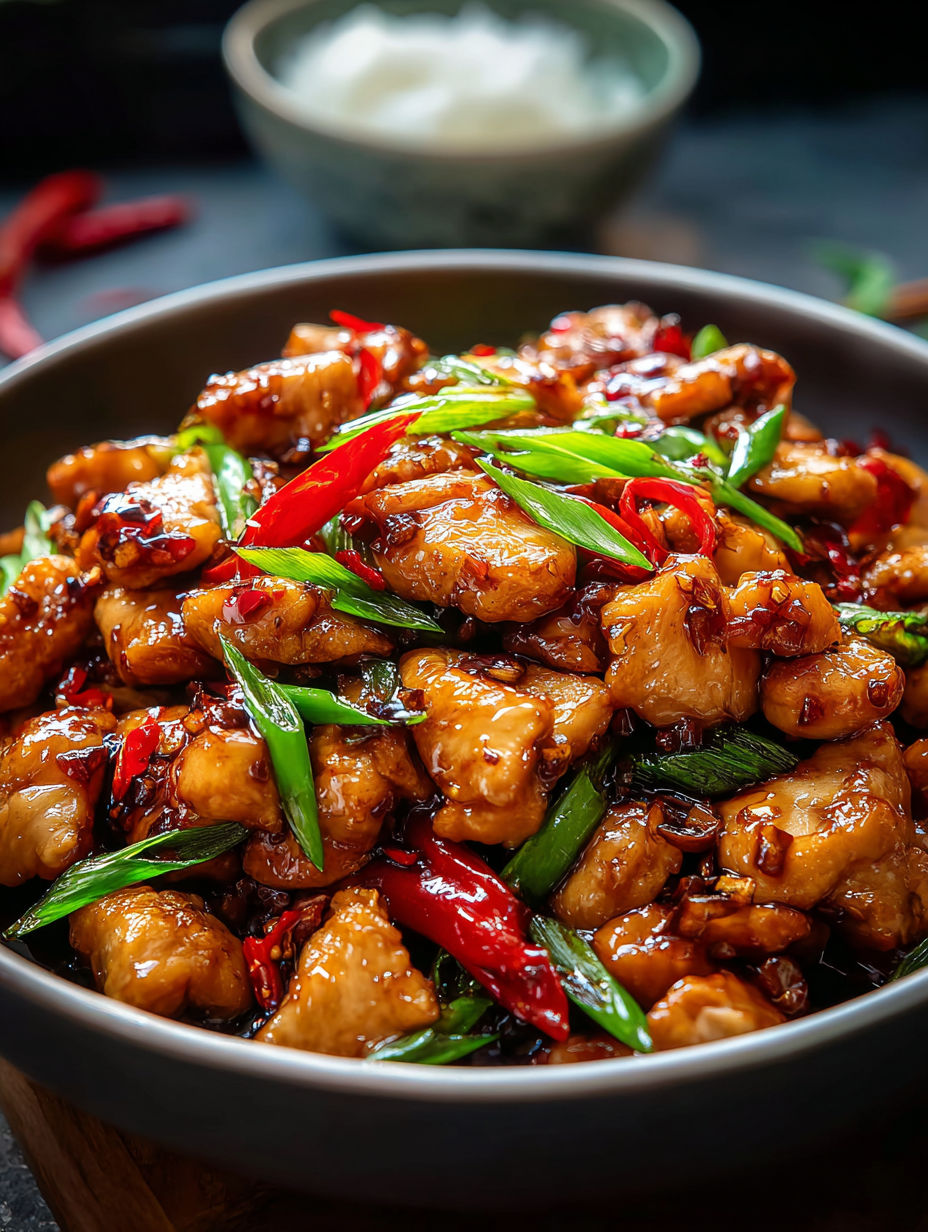 Un bol de poulet sauté à l’ail façon chinoise.