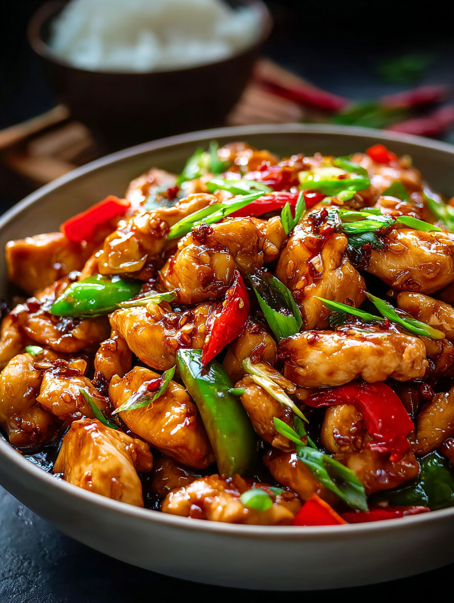 Un bol de poulet sauté à l'ail façon chinoise.