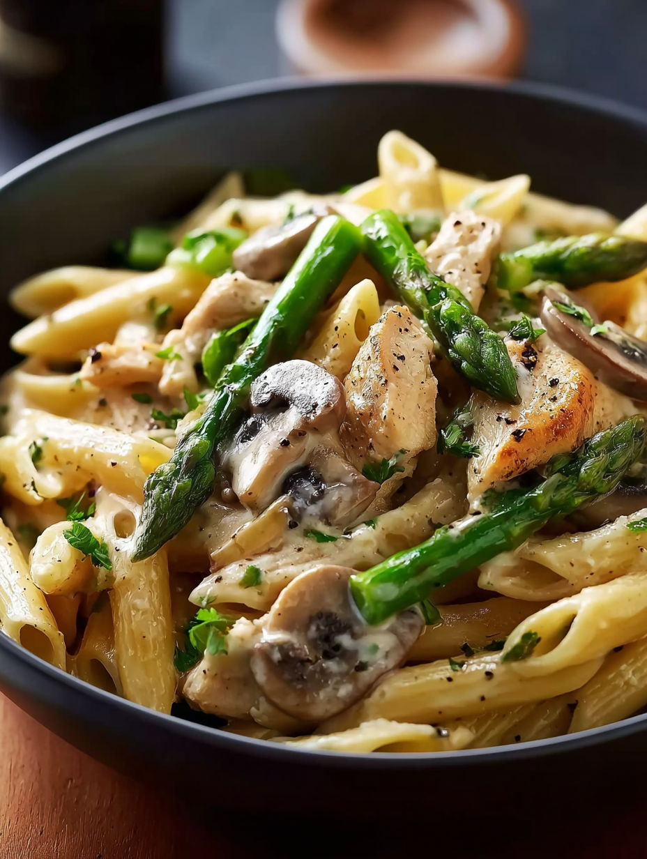 Un bol de penne crémeux au poulet, asperges et champignons.