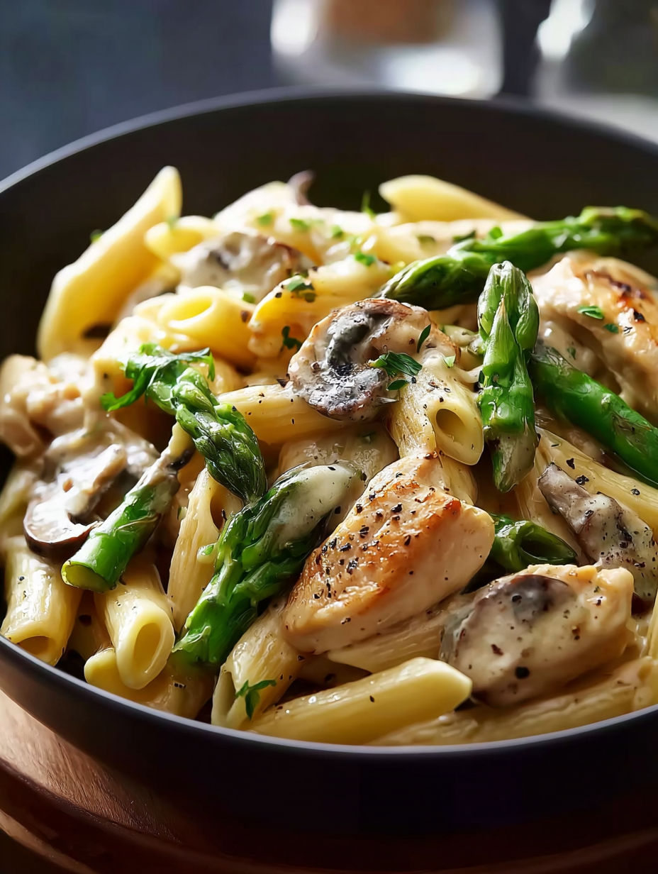 Un bol de penne crémeux au poulet, champignons et asperges.