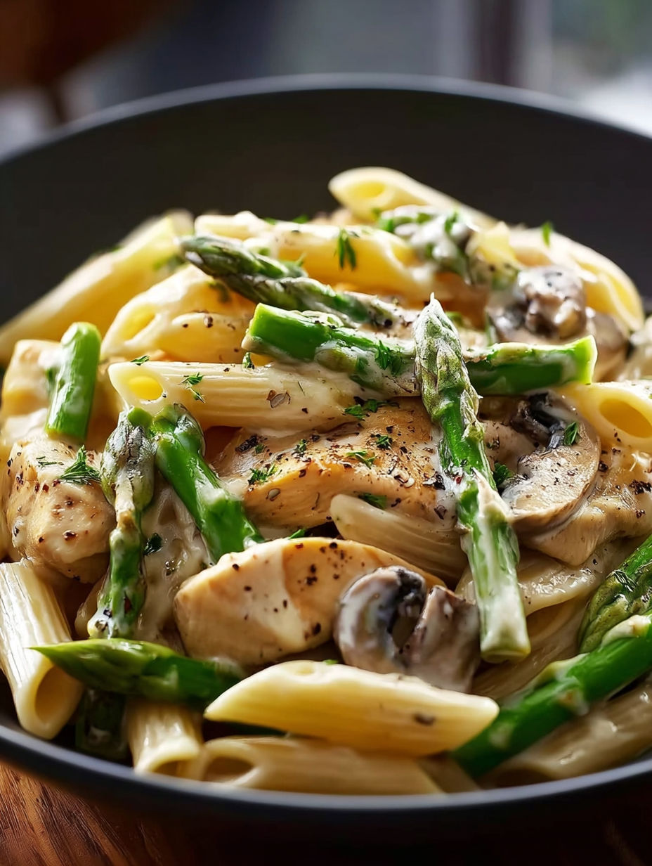 Un bol de penne au poulet, champignons et asperges en sauce crémeuse.