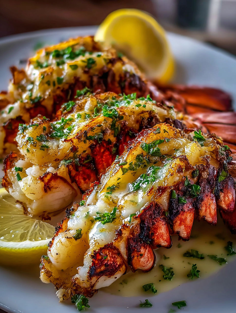 Queues de homard grillées avec sauce beurre citron à l'ail.
