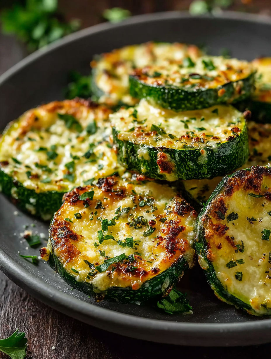 Une assiette avec des steaks de courgettes à l’ail.