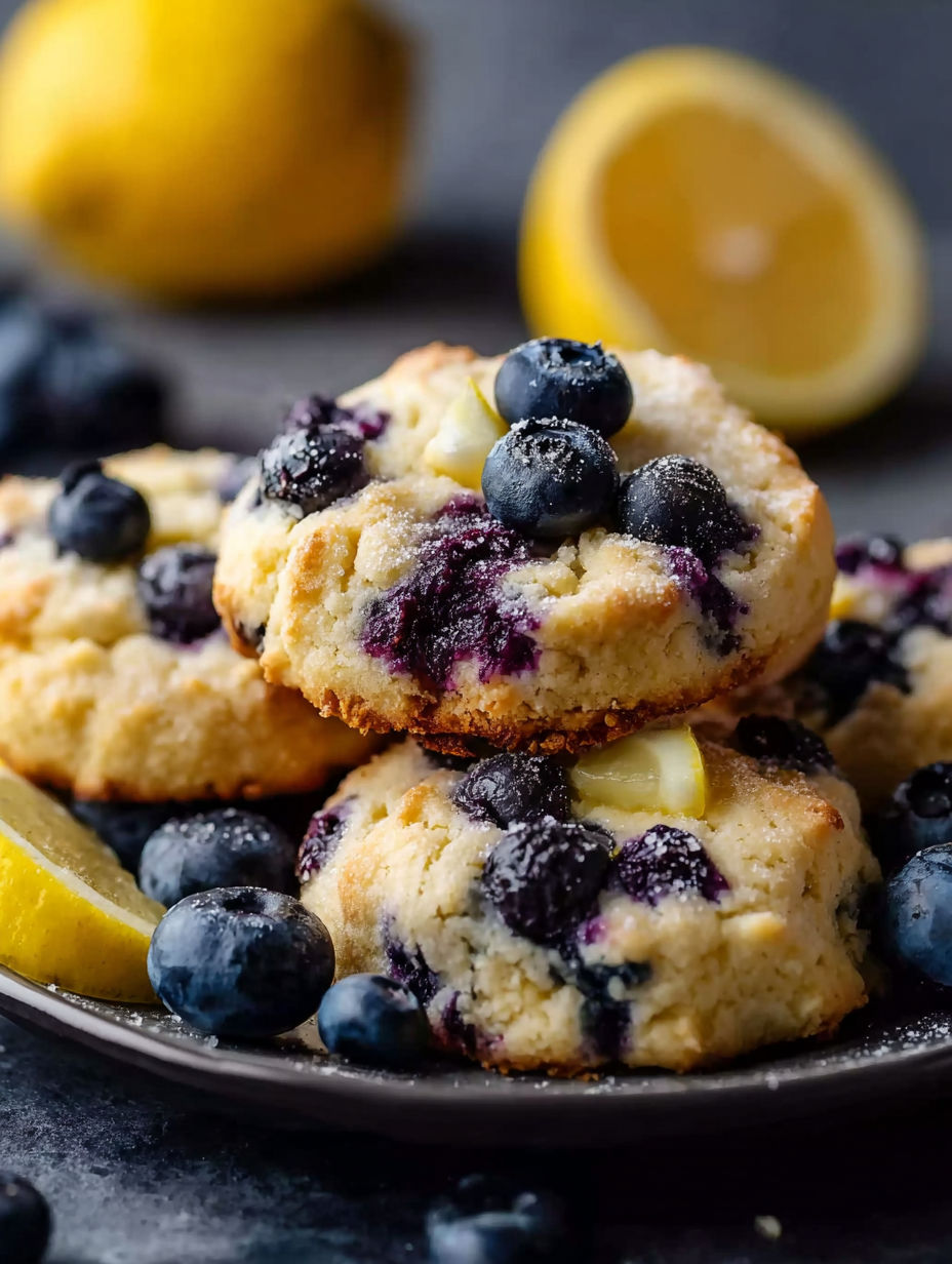 Assiette de cookies cheesecake myrtille avec quartiers de citron dessus.