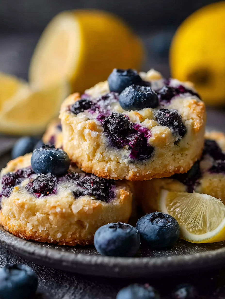 Une assiette de cookies cheesecake aux myrtilles avec quartiers de citron.