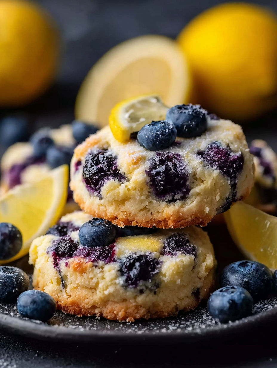 Une pile de cookies au citron et cheesecake aux myrtilles.